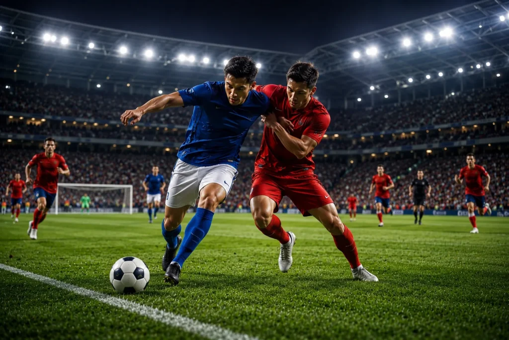 football schedule Nighttime soccer match clash for the ball