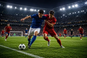 football schedule Nighttime soccer match clash for the ball